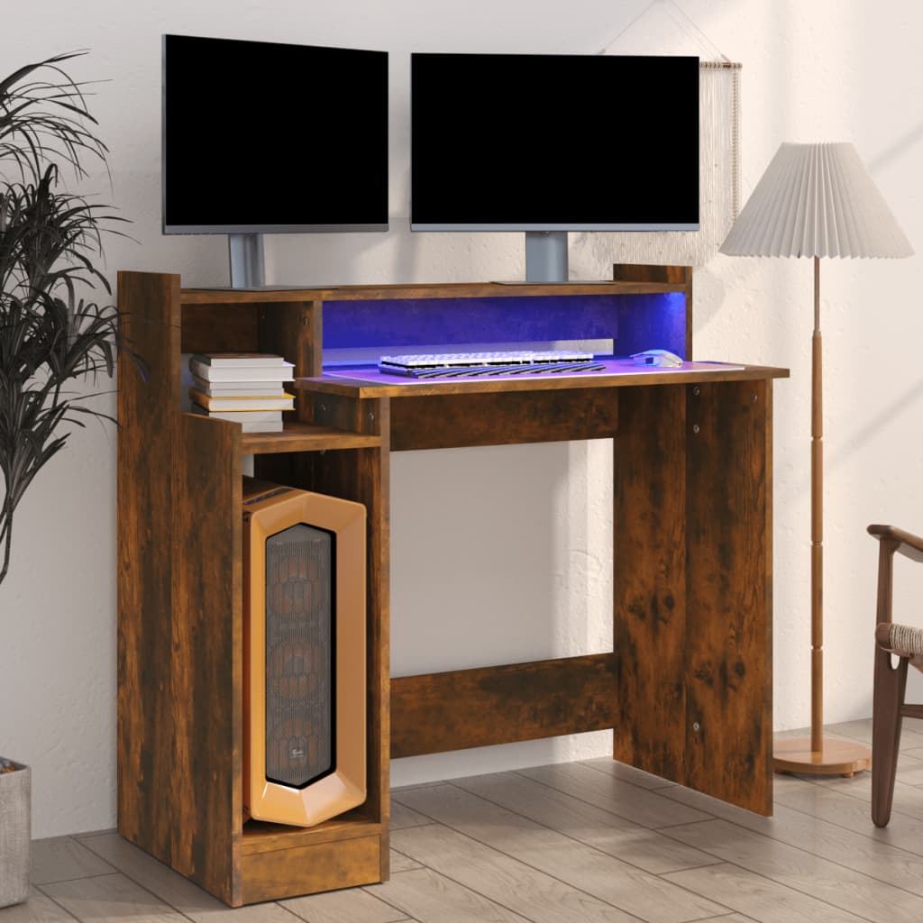 Modern Wooden Home Office Computer Gaming Desk With LED Lights Monitor Stand