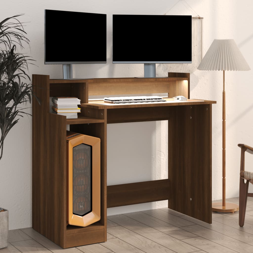 Modern Wooden Home Office Computer Gaming Desk With LED Lights Monitor Stand