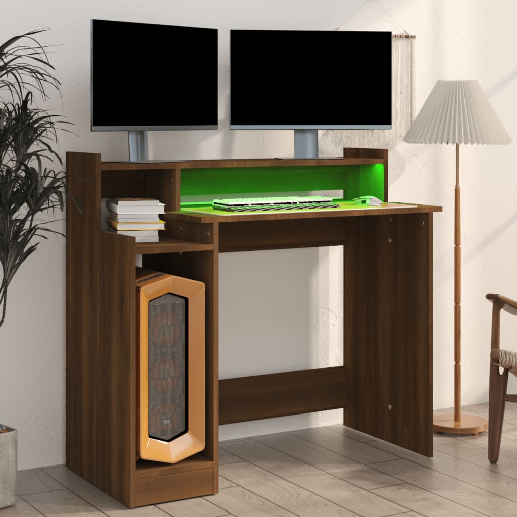 Modern Wooden Home Office Computer Gaming Desk With LED Lights Monitor Stand