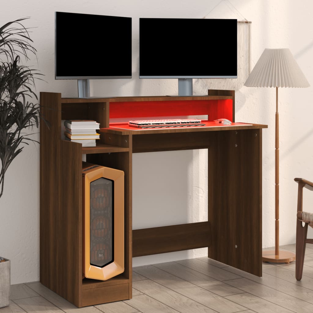 Modern Wooden Home Office Computer Gaming Desk With LED Lights Monitor Stand