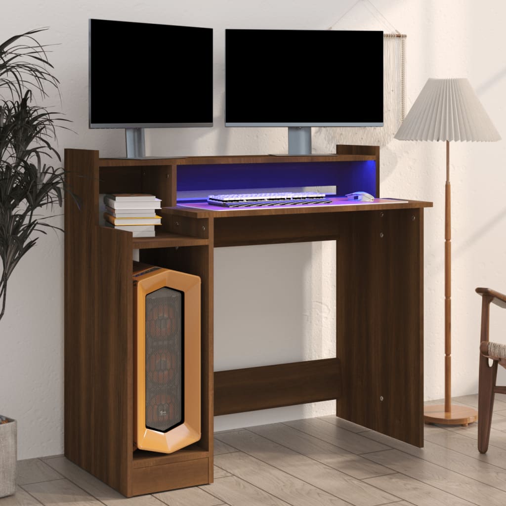Modern Wooden Home Office Computer Gaming Desk With LED Lights Monitor Stand