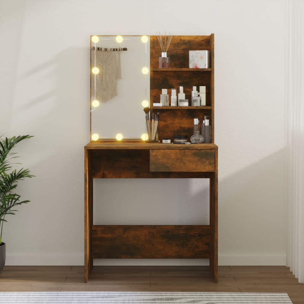 Modern Wooden Dressing Table Makeup Vanity Desk With LED Mirror & Drawer