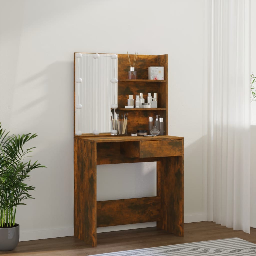 Modern Wooden Dressing Table Makeup Vanity Desk With LED Mirror & Drawer