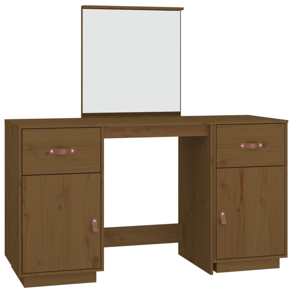 Dressing Table Set with a Mirror Honey Brown Solid Wood Pine