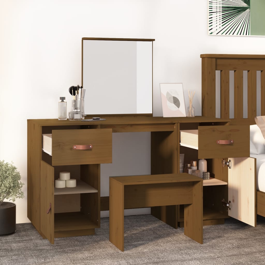 Dressing Table Set with a Mirror Honey Brown Solid Wood Pine