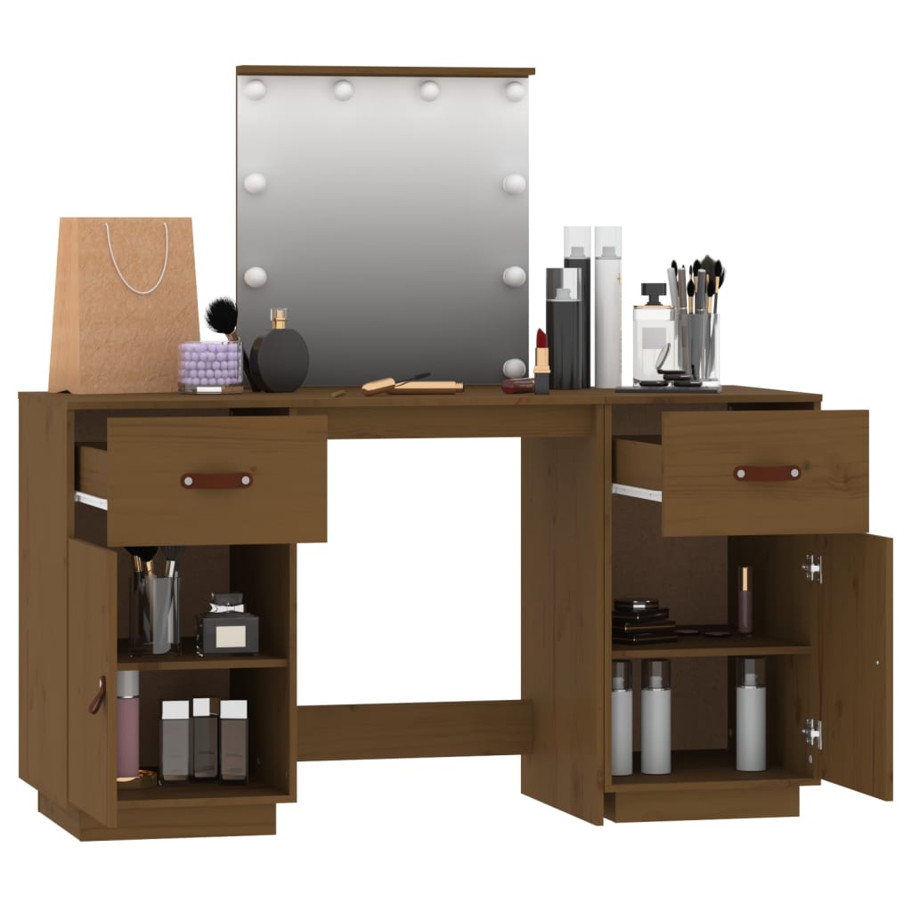 Dressing Table Set with LED Honey Brown Solid Wood Pine