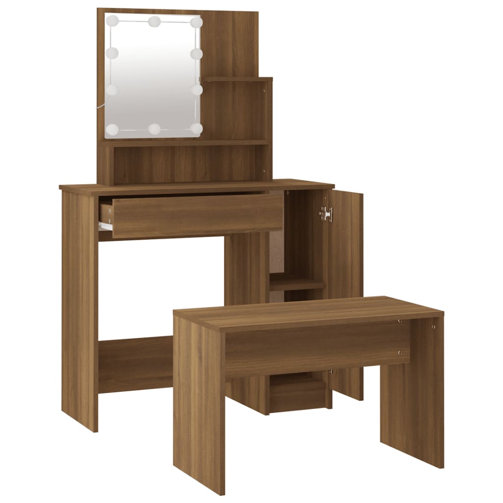 Dressing Table Set with LED Brown Oak Engineered Wood