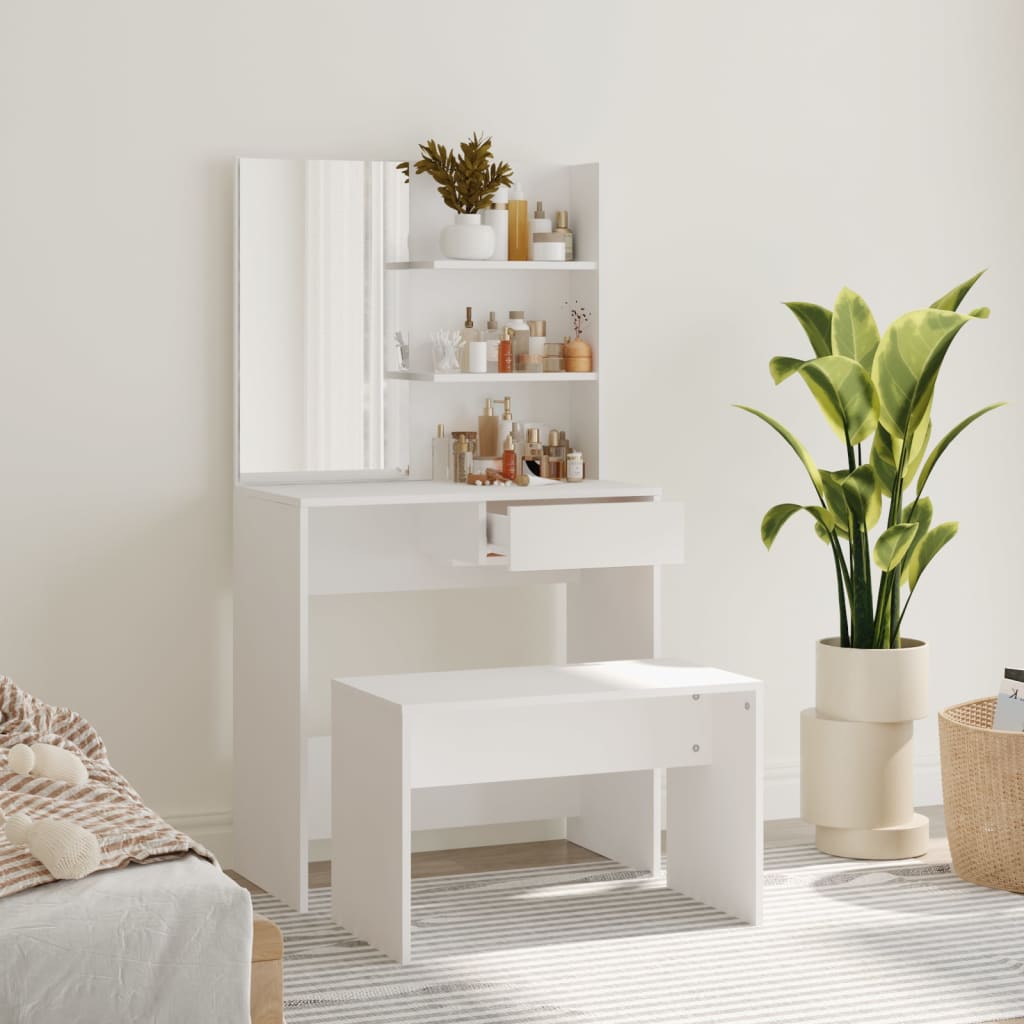 Modern Wooden Dressing Table Makeup Vanity Desk Set With Mirror & Stool