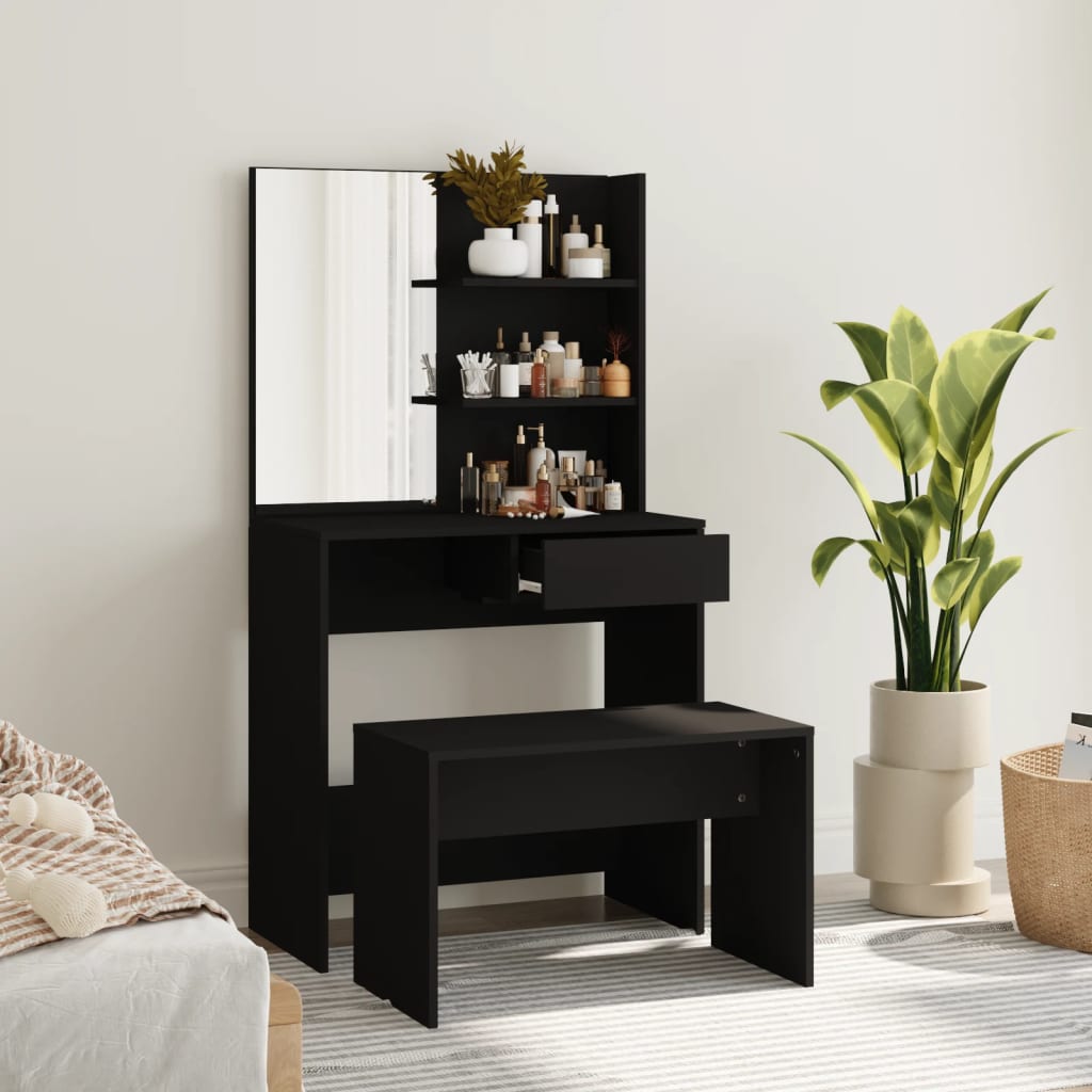 Modern Wooden Dressing Table Makeup Vanity Desk Set With Mirror & Stool