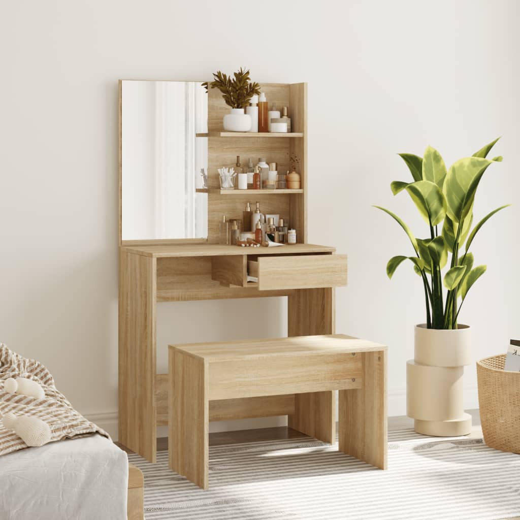 Modern Wooden Dressing Table Makeup Vanity Desk Set With Mirror & Stool