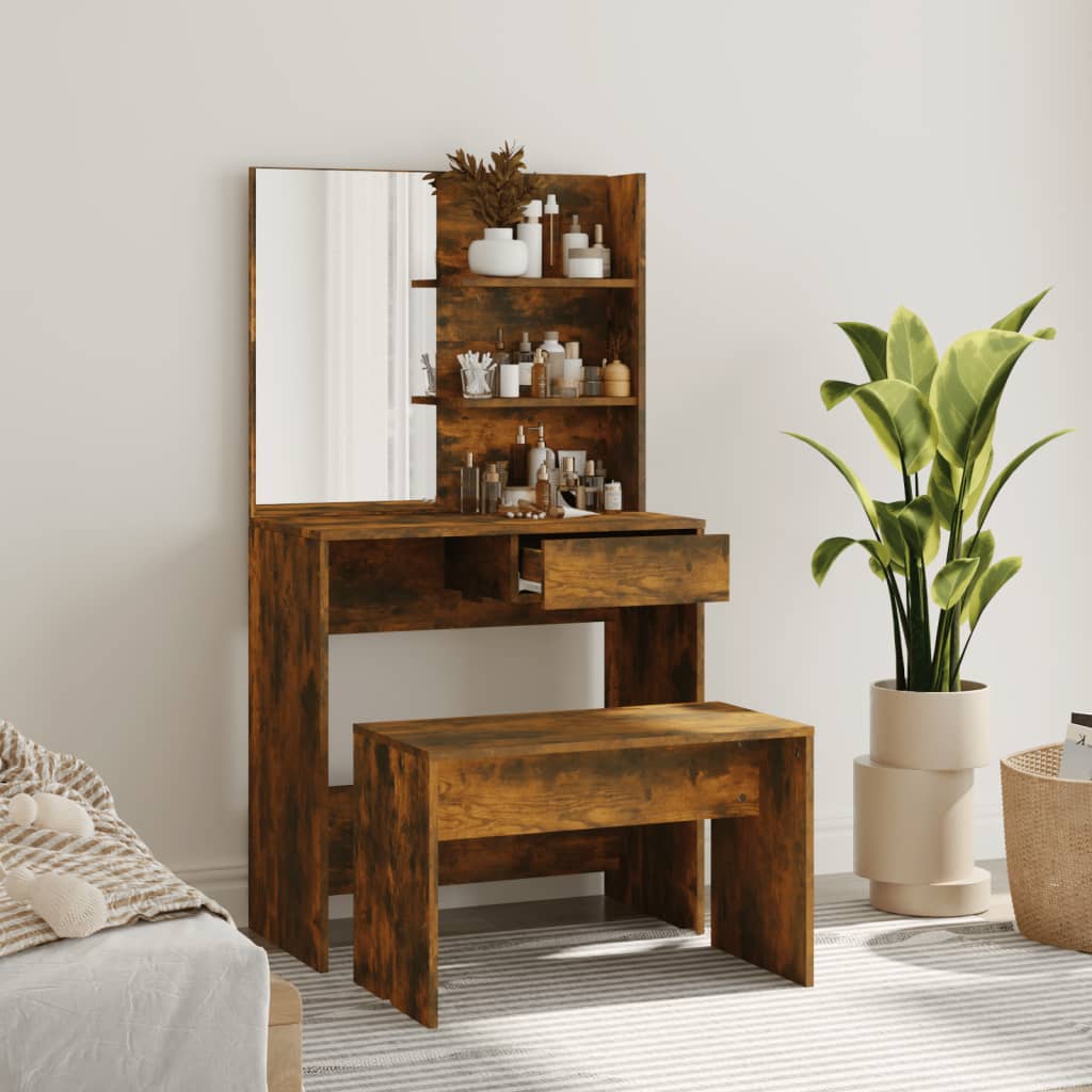 Modern Wooden Dressing Table Makeup Vanity Desk Set With Mirror & Stool