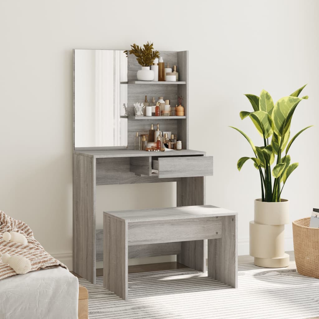 Modern Wooden Dressing Table Makeup Vanity Desk Set With Mirror & Stool