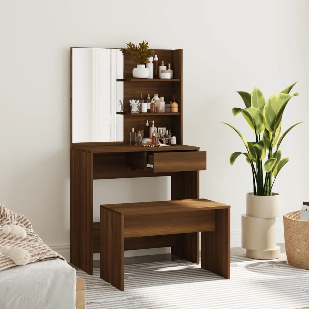 Modern Wooden Dressing Table Makeup Vanity Desk Set With Mirror & Stool