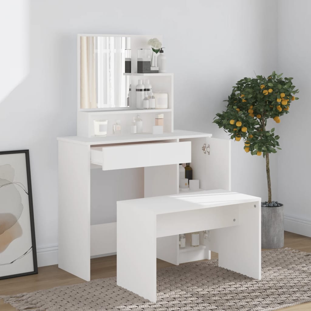 Modern Wooden Dressing Table Makeup Vanity Desk Set With Mirror & Stool