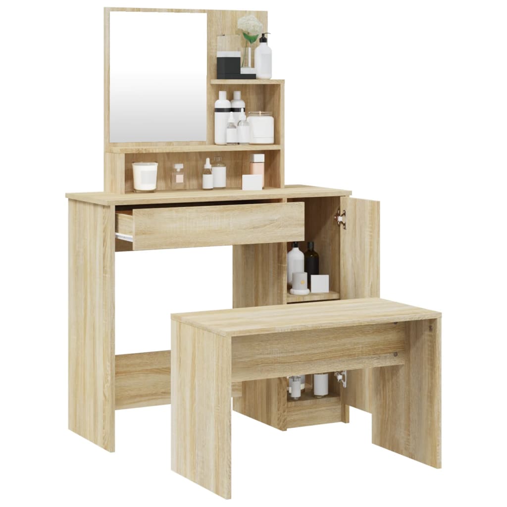 Modern Wooden Dressing Table Makeup Vanity Desk Set With Mirror & Stool