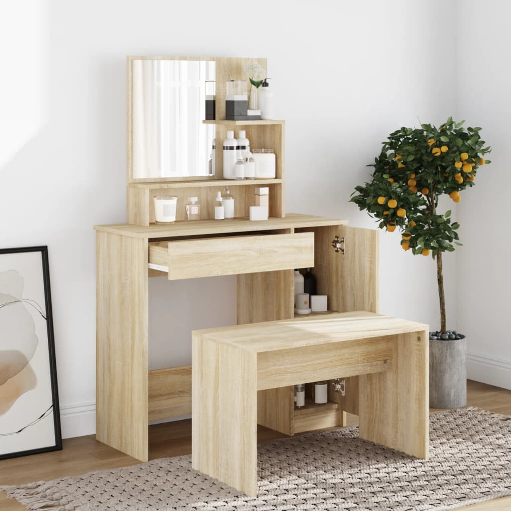 Modern Wooden Dressing Table Makeup Vanity Desk Set With Mirror & Stool