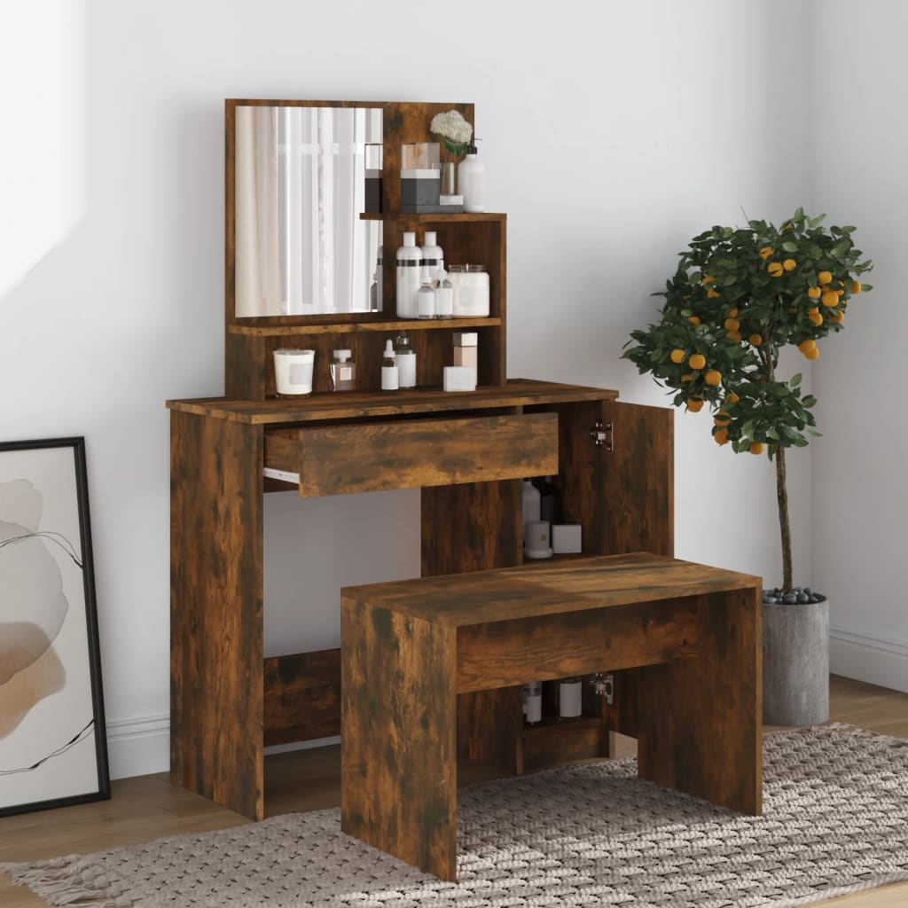 Modern Wooden Dressing Table Makeup Vanity Desk Set With Mirror & Stool