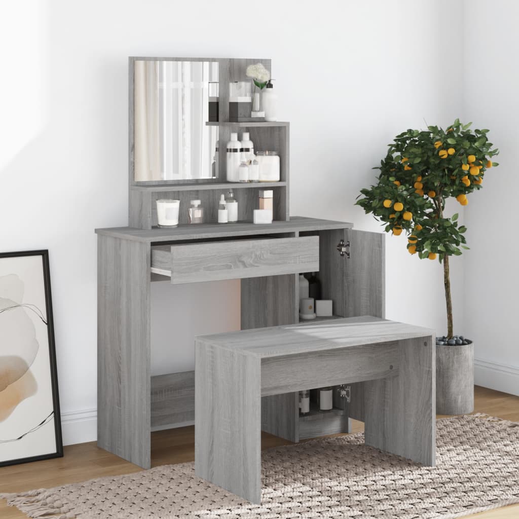Modern Wooden Dressing Table Makeup Vanity Desk Set With Mirror & Stool
