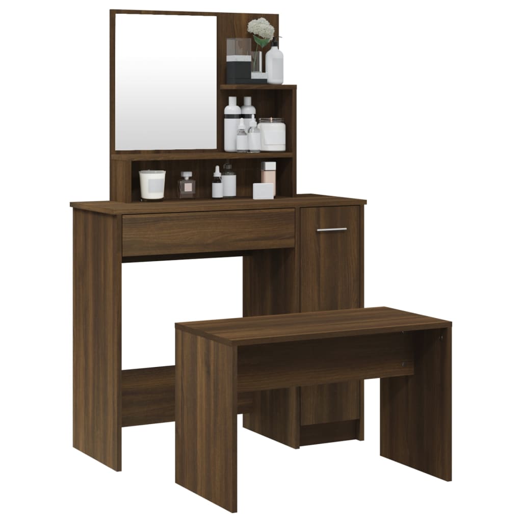 Modern Wooden Dressing Table Makeup Vanity Desk Set With Mirror & Stool