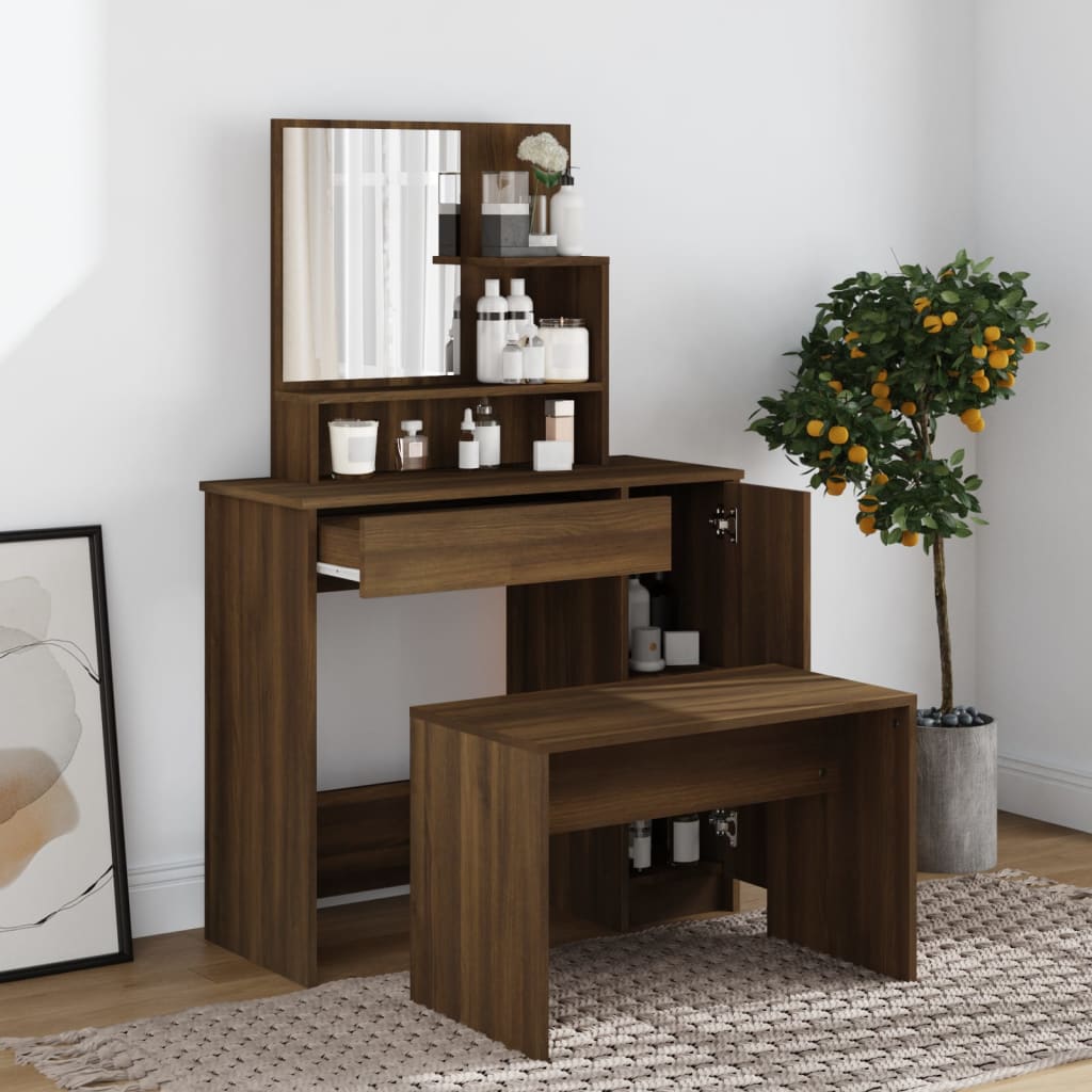 Modern Wooden Dressing Table Makeup Vanity Desk Set With Mirror & Stool