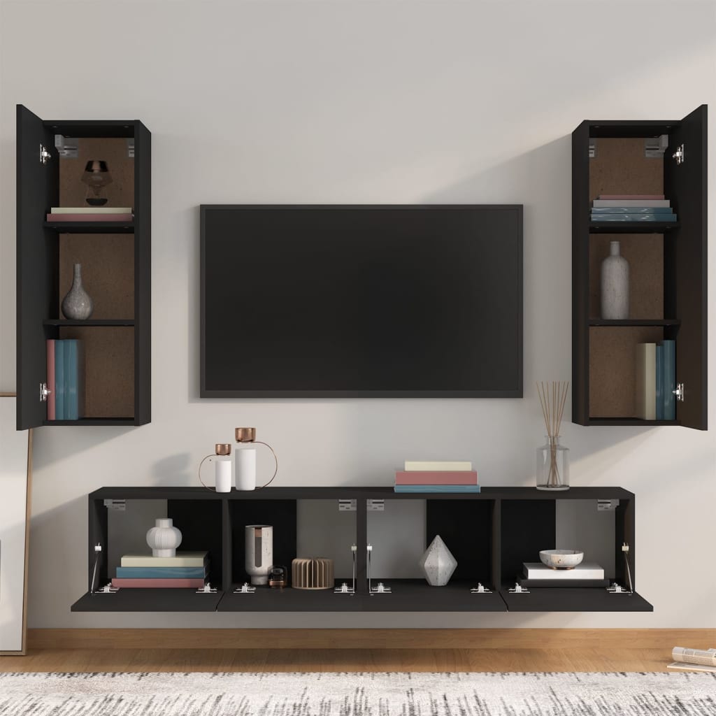 4 Piece TV Cabinet Set Black Engineered Wood