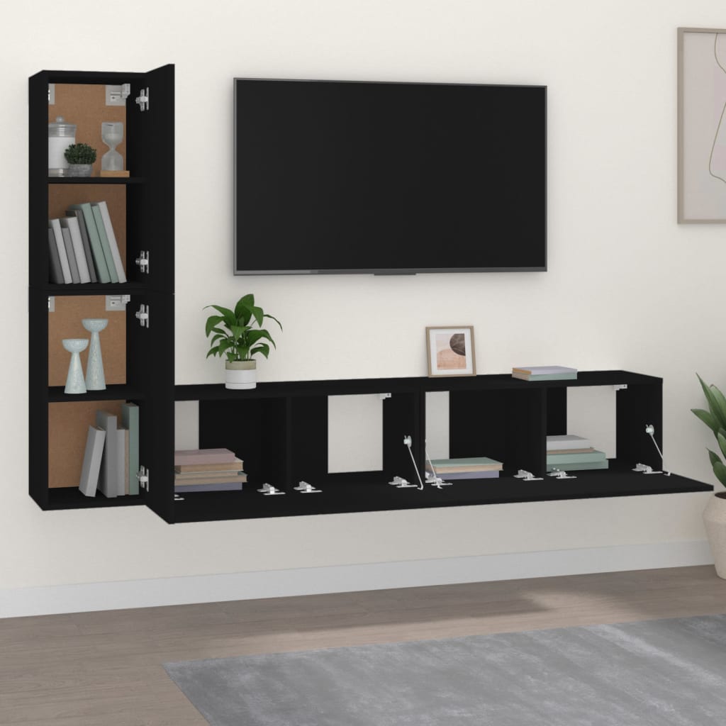 4 Piece TV Cabinet Set Black Engineered Wood