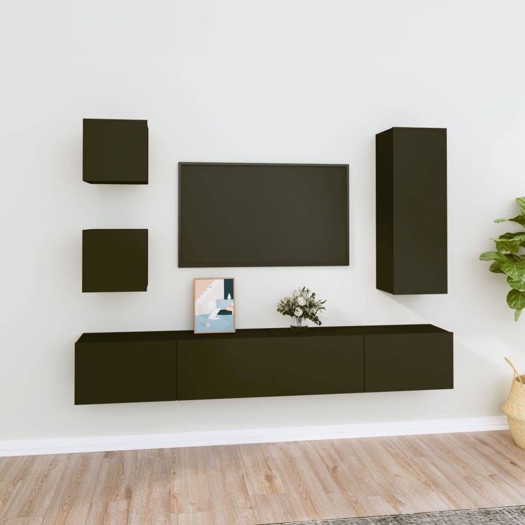 5 Piece TV Cabinet Set Black Engineered Wood