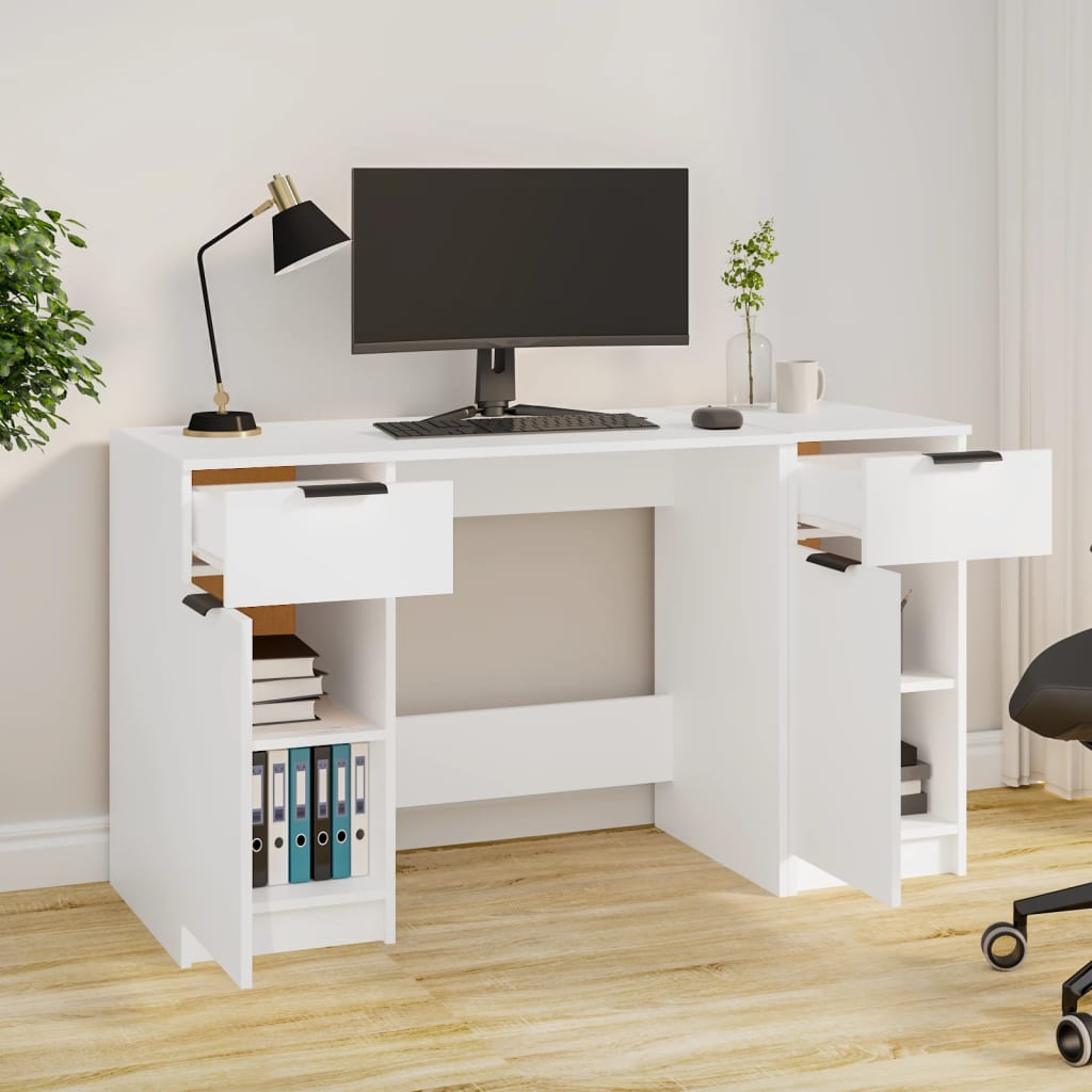 Modern Wooden Home Office Computer Desk Table With 2 Drawers Storage Cupboards