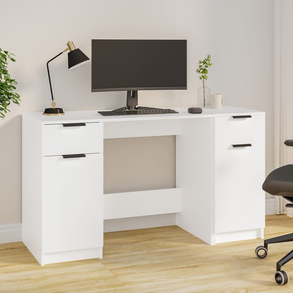 Modern Wooden Home Office Computer Desk Table With 2 Drawers Storage Cupboards