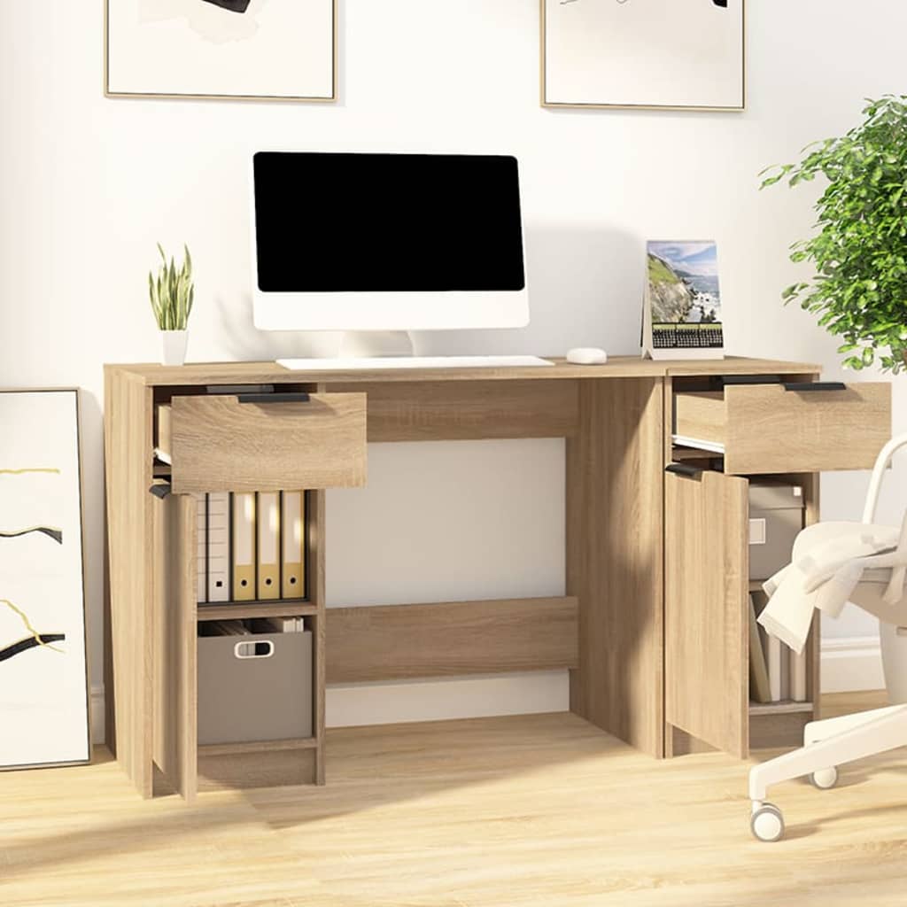 Modern Wooden Home Office Computer Desk Table With 2 Drawers Storage Cupboards