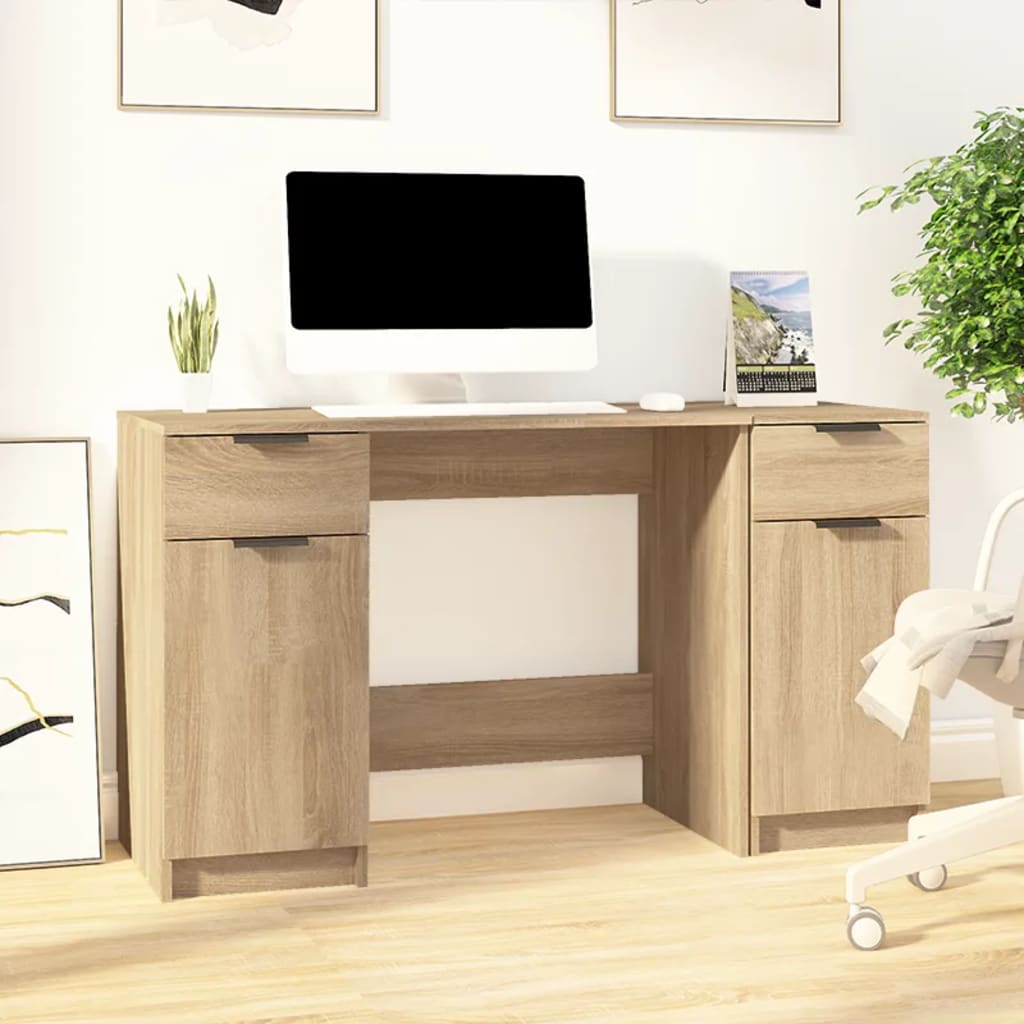 Modern Wooden Home Office Computer Desk Table With 2 Drawers Storage Cupboards