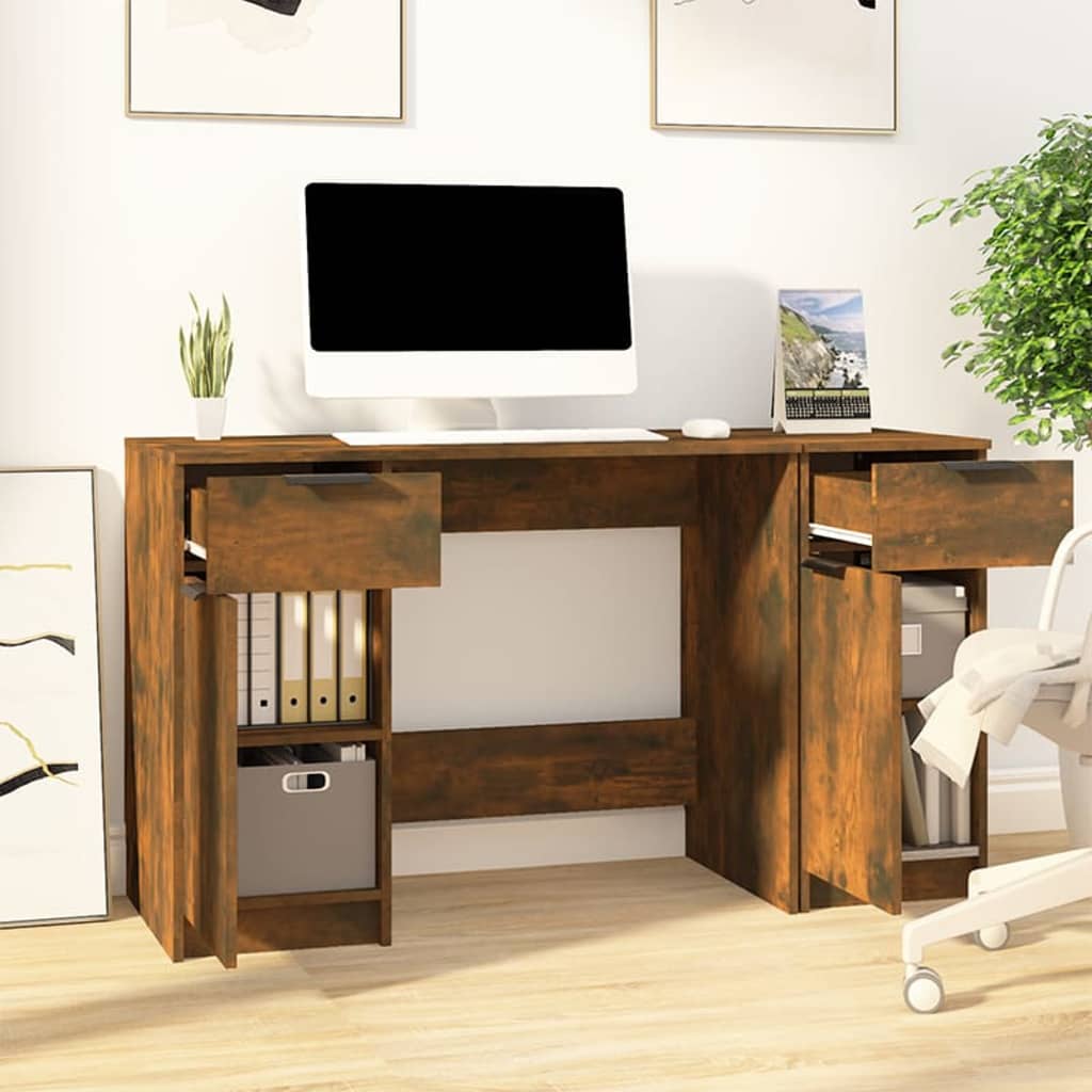 Modern Wooden Home Office Computer Desk Table With 2 Drawers Storage Cupboards