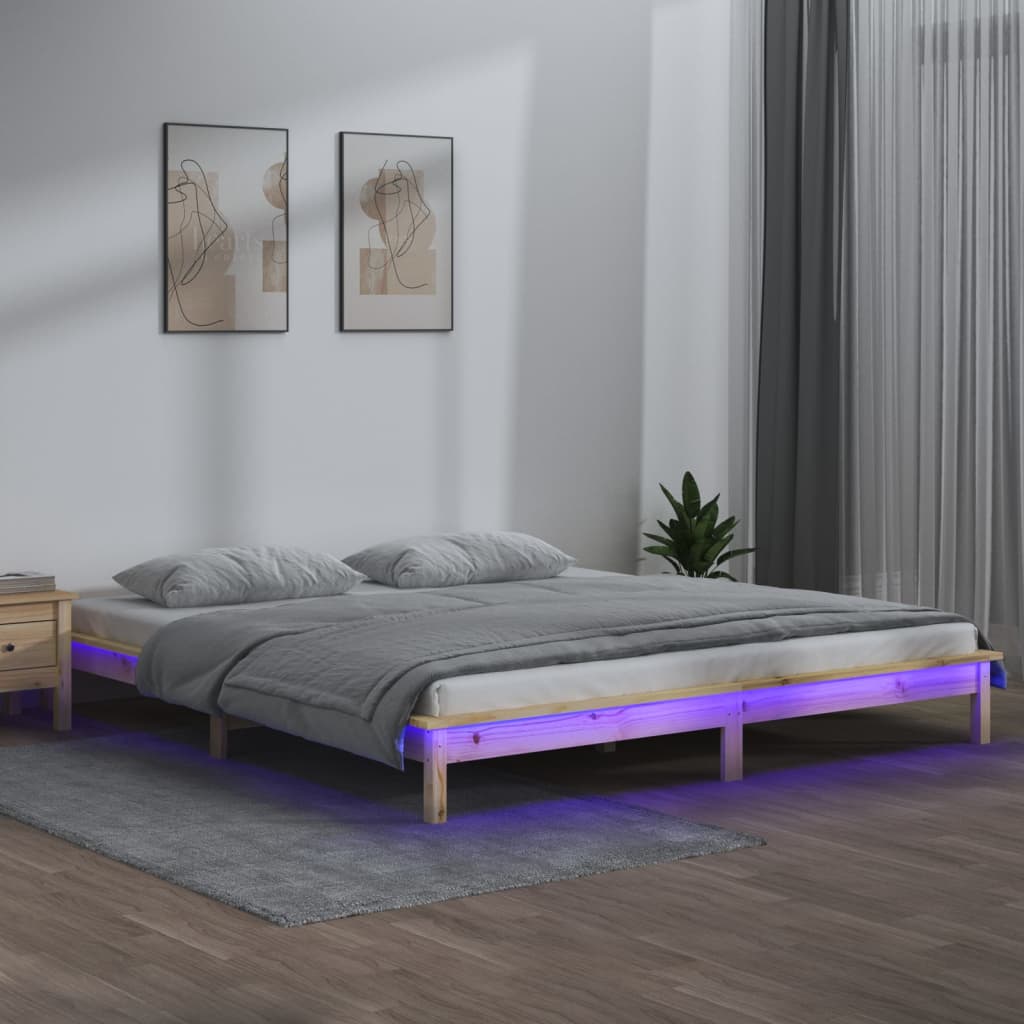LED Bed Frame without Mattress 135x190 cm Double Double Solid Wood