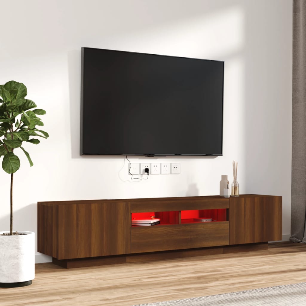 Modern Wooden 2pcs 70 Inch TV Tele Stand Unit Cabinet With LED Lights & Storage