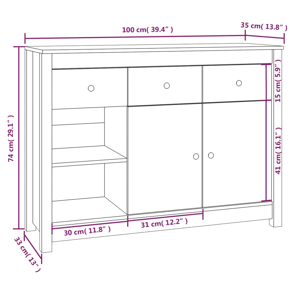 Sideboard White 100x35x74 cm Solid Wood Pine