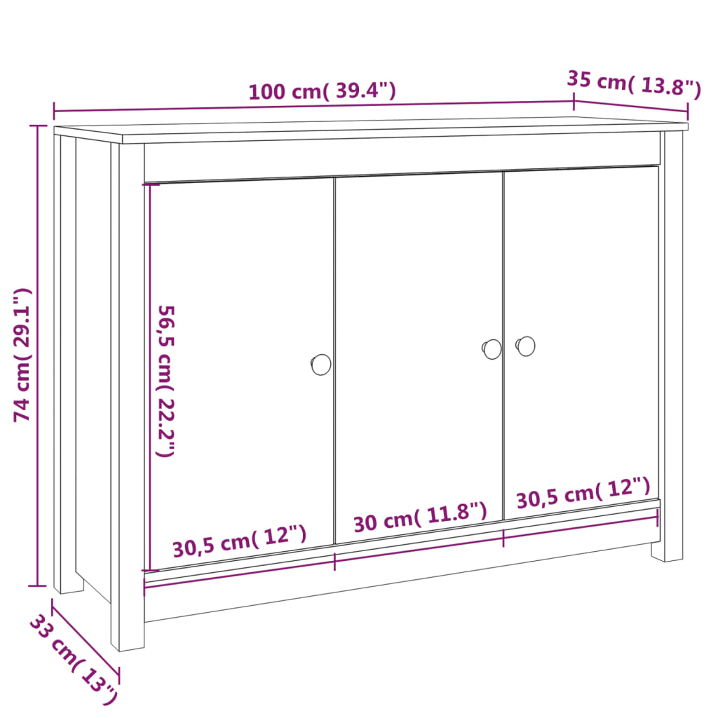 Sideboard Grey 100x35x74 cm Solid Wood Pine