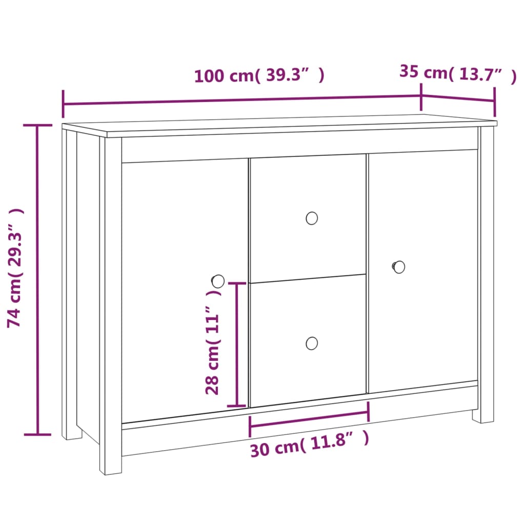 Sideboard White 100x35x74 cm Solid Wood Pine