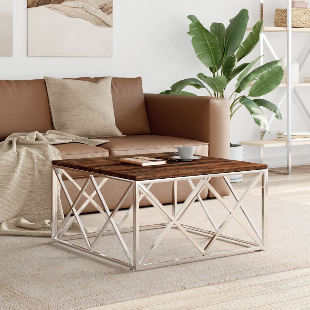 Coffee Table Stainless Steel and Solid Wood Reclaimed