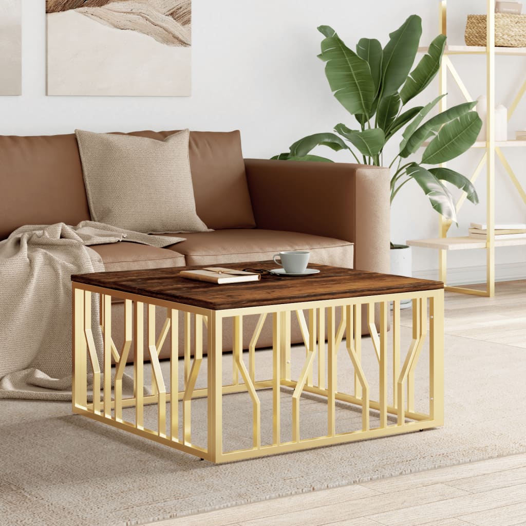 Coffee Table Gold Stainless Steel and Solid Wood Reclaimed