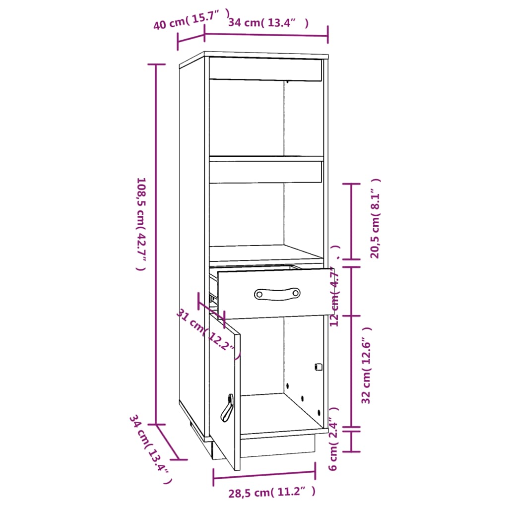 Highboard White 34x40x108,5 cm Solid Wood Pine