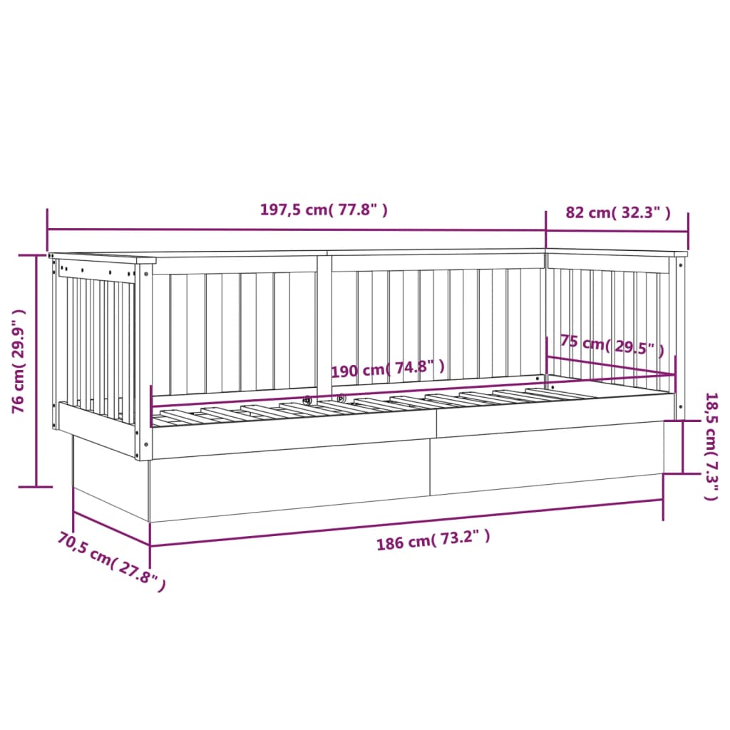 Day Bed without Mattress White 75x190 cm Small Single Solid Wood Pine