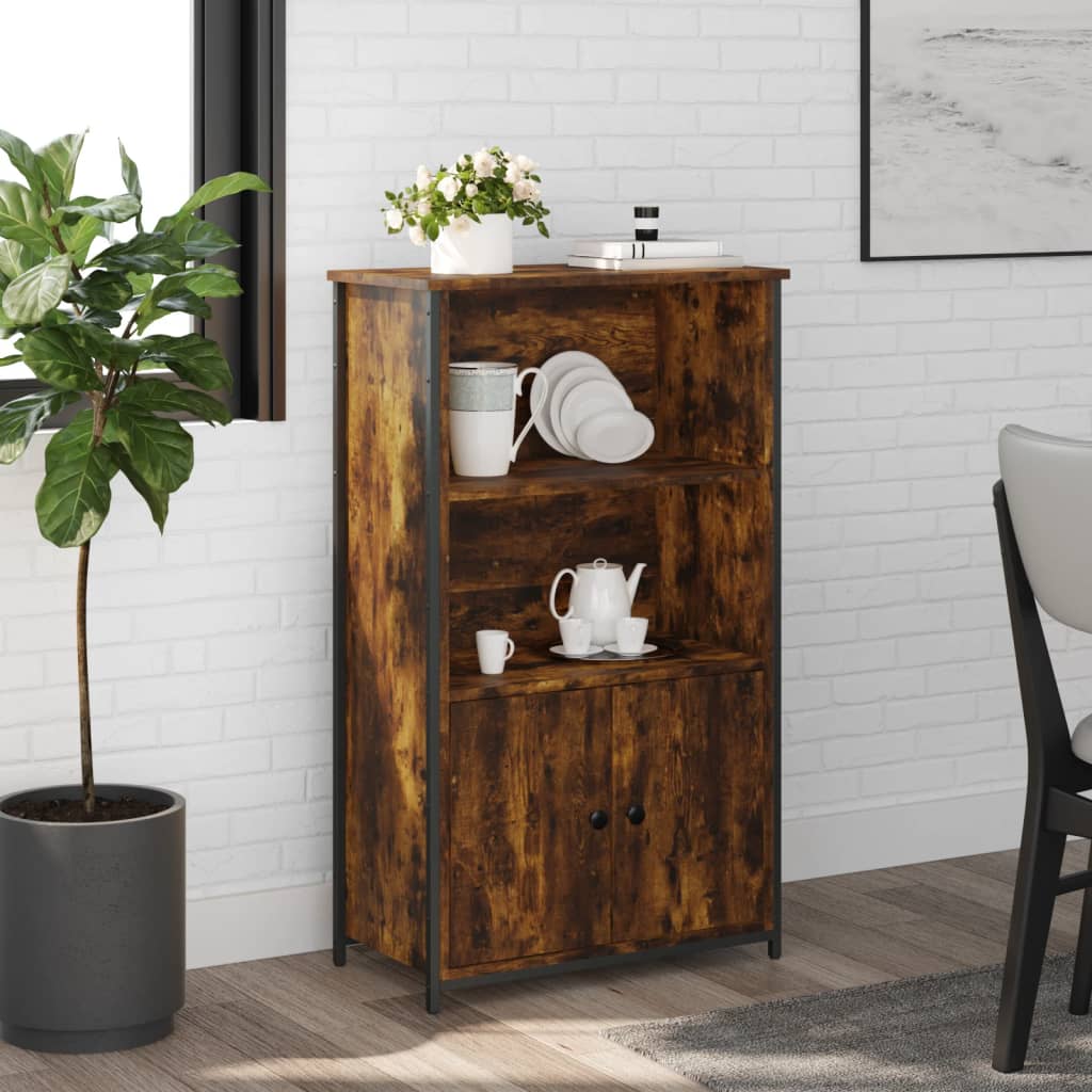 Industrial Wooden Highboard Storage Cabinet Unit With 2 Doors & Open Shelves Wood