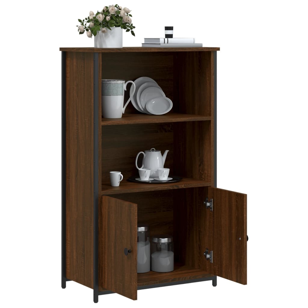 Industrial Wooden Highboard Storage Cabinet Unit With 2 Doors & Open Shelves Wood