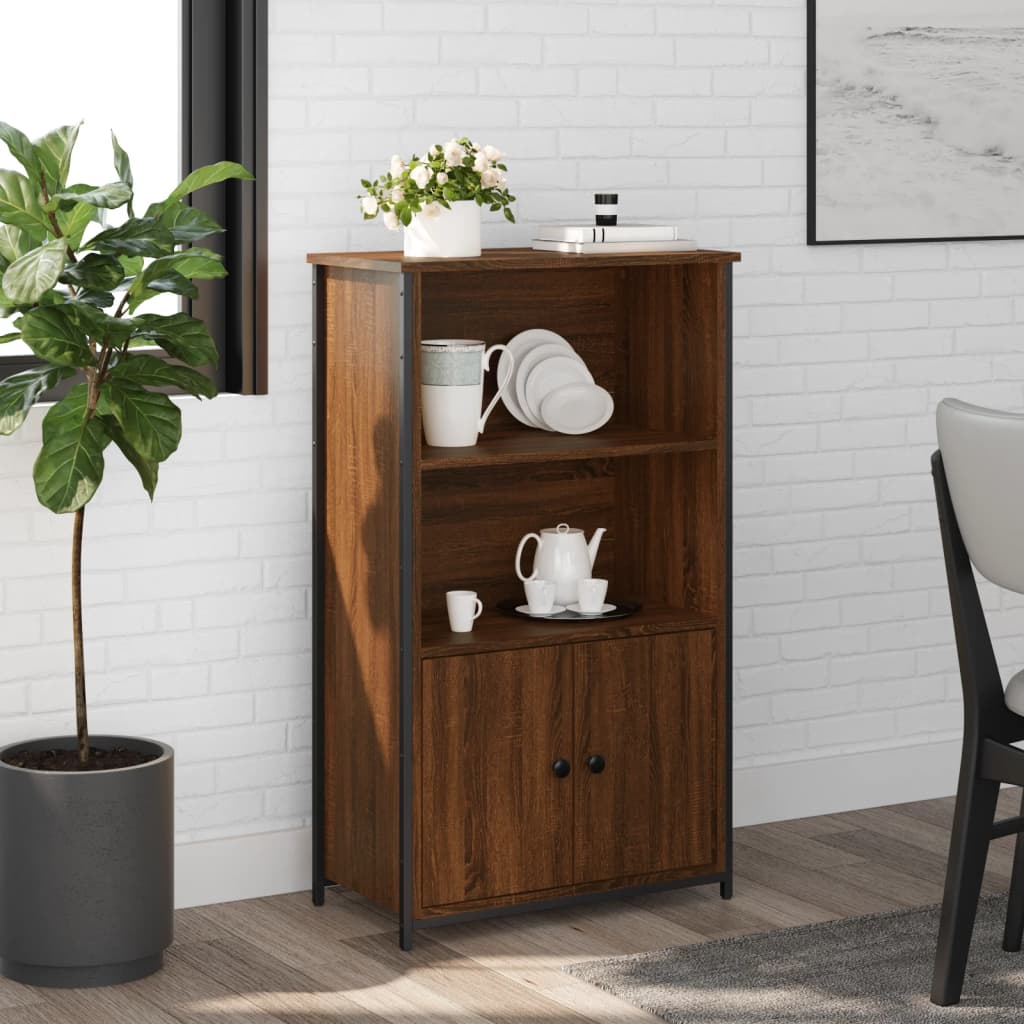Industrial Wooden Highboard Storage Cabinet Unit With 2 Doors & Open Shelves Wood