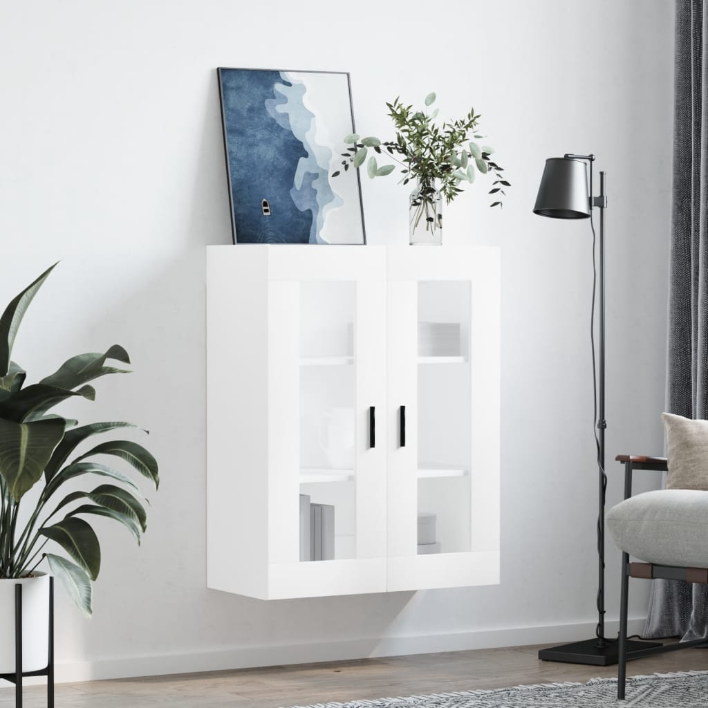 Modern Wooden Wall Mounted 2 Door Floating Storage Cabinet Unit With Glass Doors
