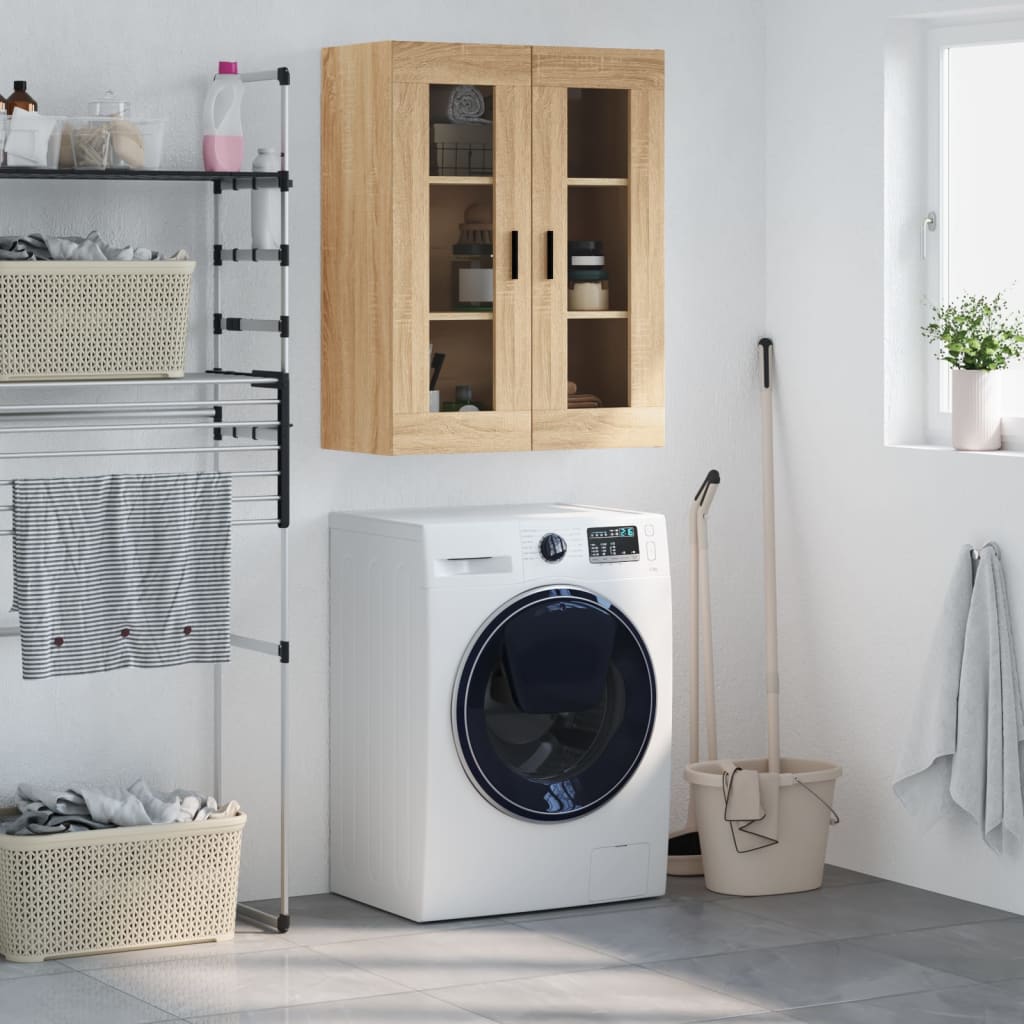 Modern Wooden Wall Mounted 2 Door Floating Storage Cabinet Unit With Glass Doors