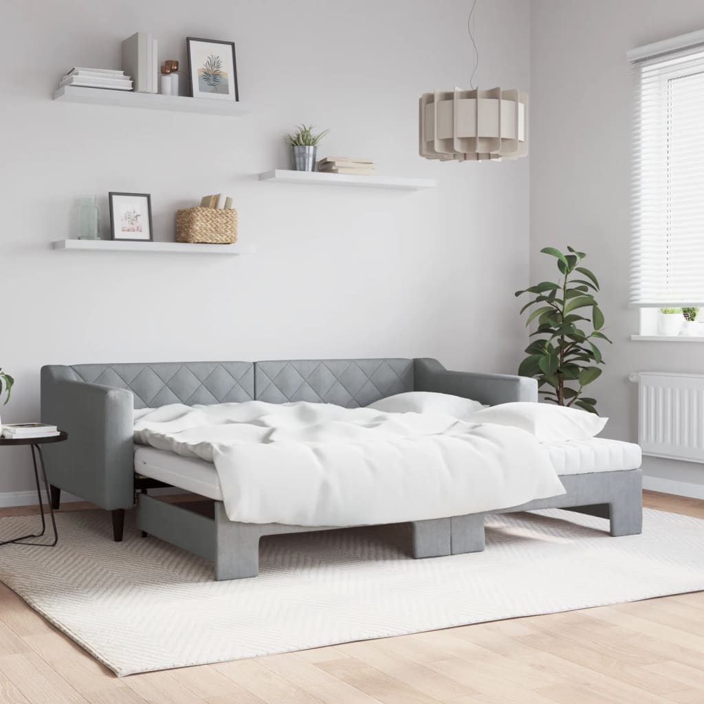 Daybed with Trundle and Mattresses Light Grey 90x190 cm Fabric
