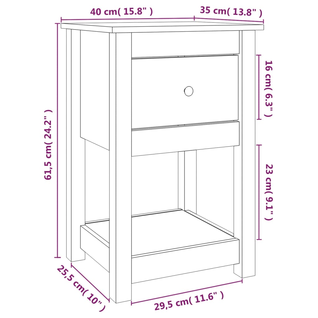 Bedside Cabinet White 40x35x61.5 cm Solid Wood Pine