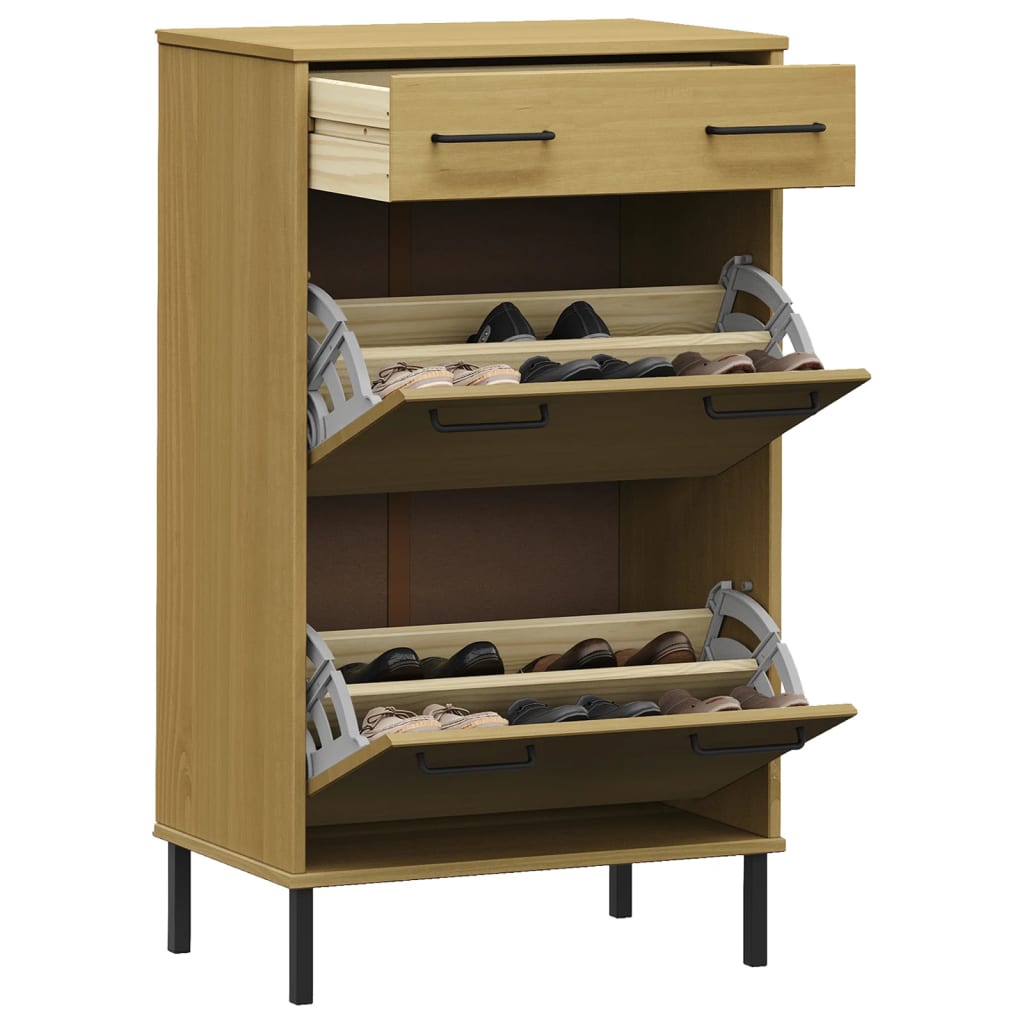 Shoe Rack with Metal Legs Brown Solid Wood Pine OSLO