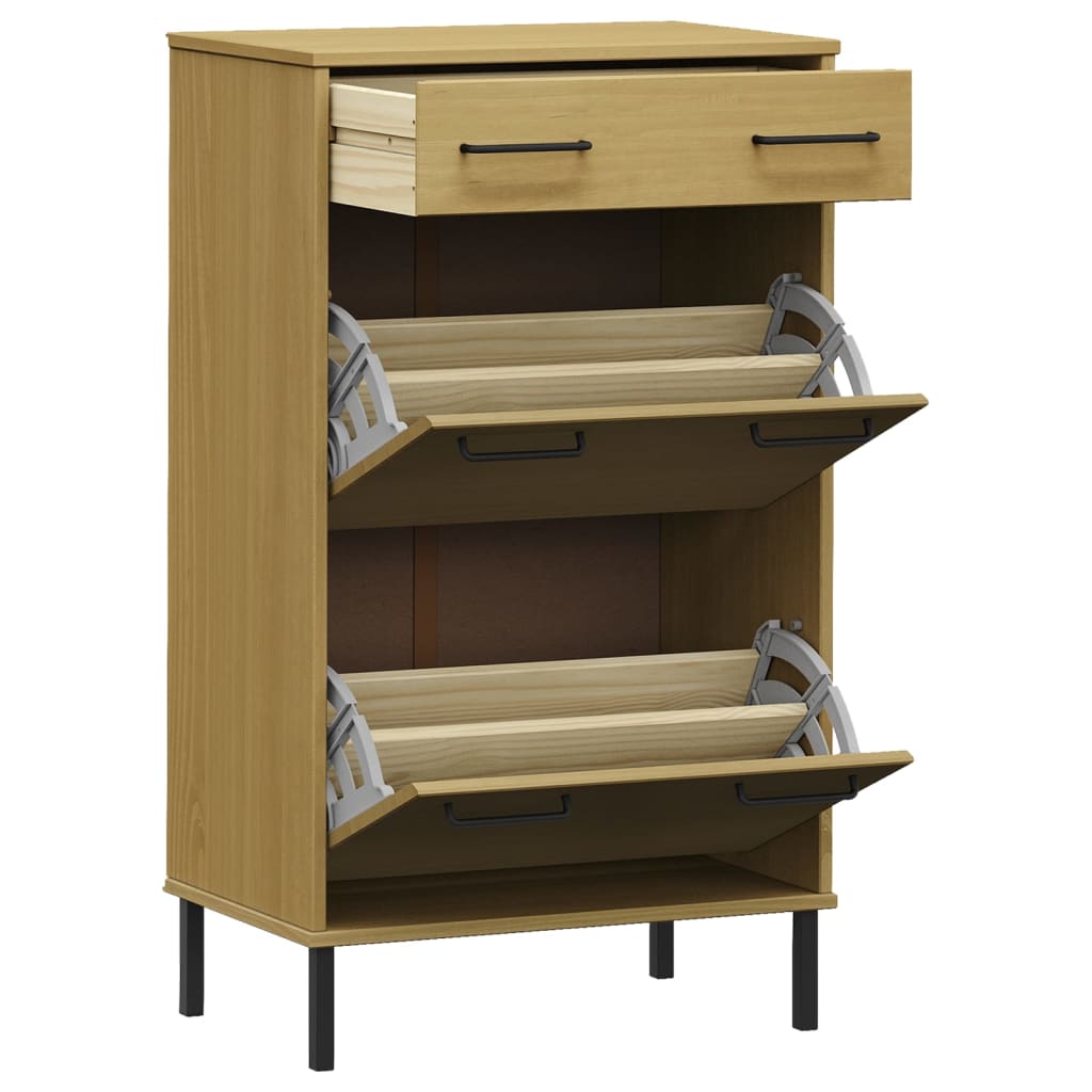 Shoe Rack with Metal Legs Brown Solid Wood Pine OSLO